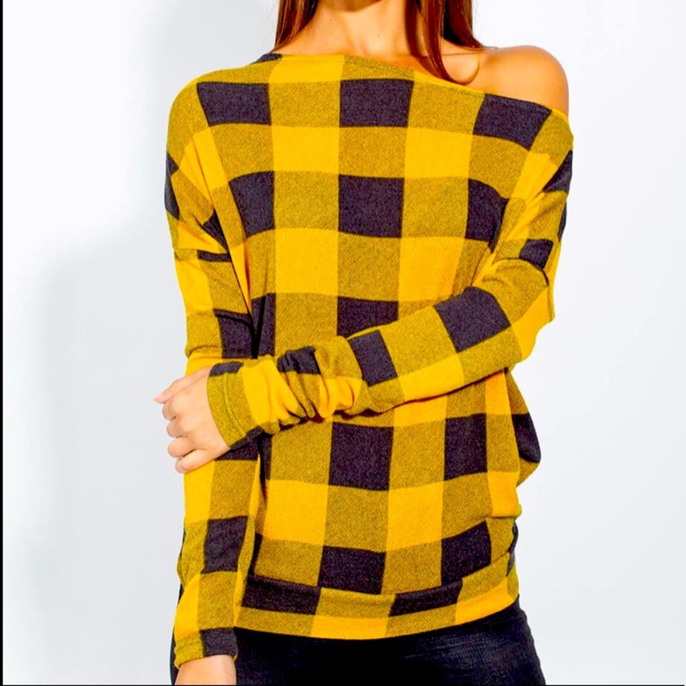 White Birch Yellow and Black Plaid Off-Shoulder Sweatshirt